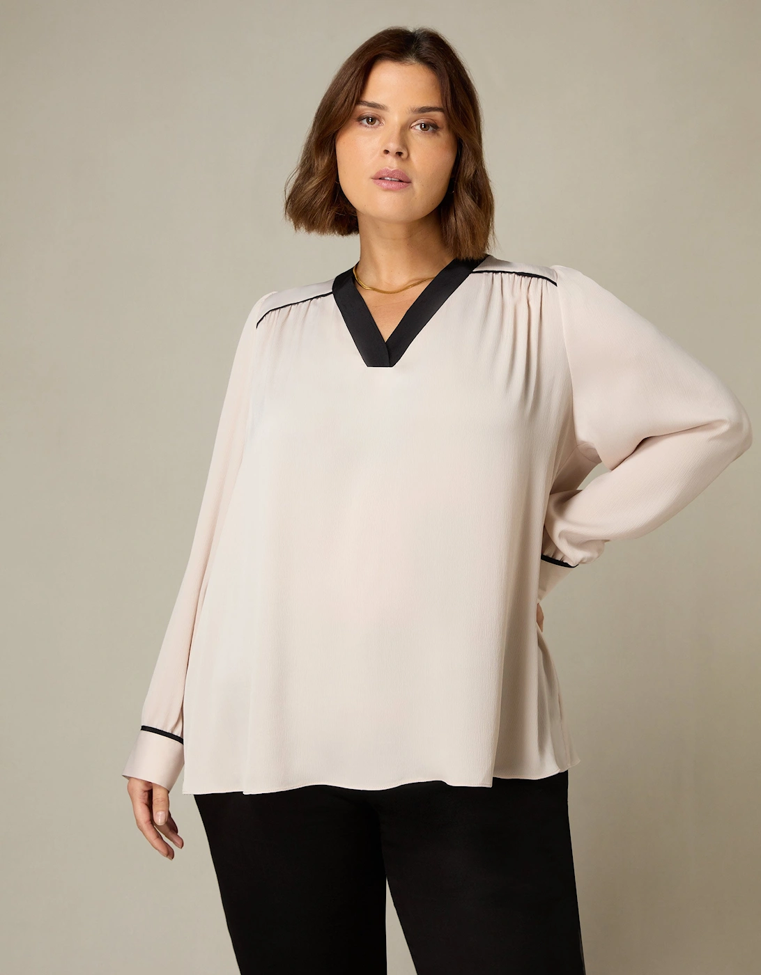 Stone Contrast Neck Band Blouse