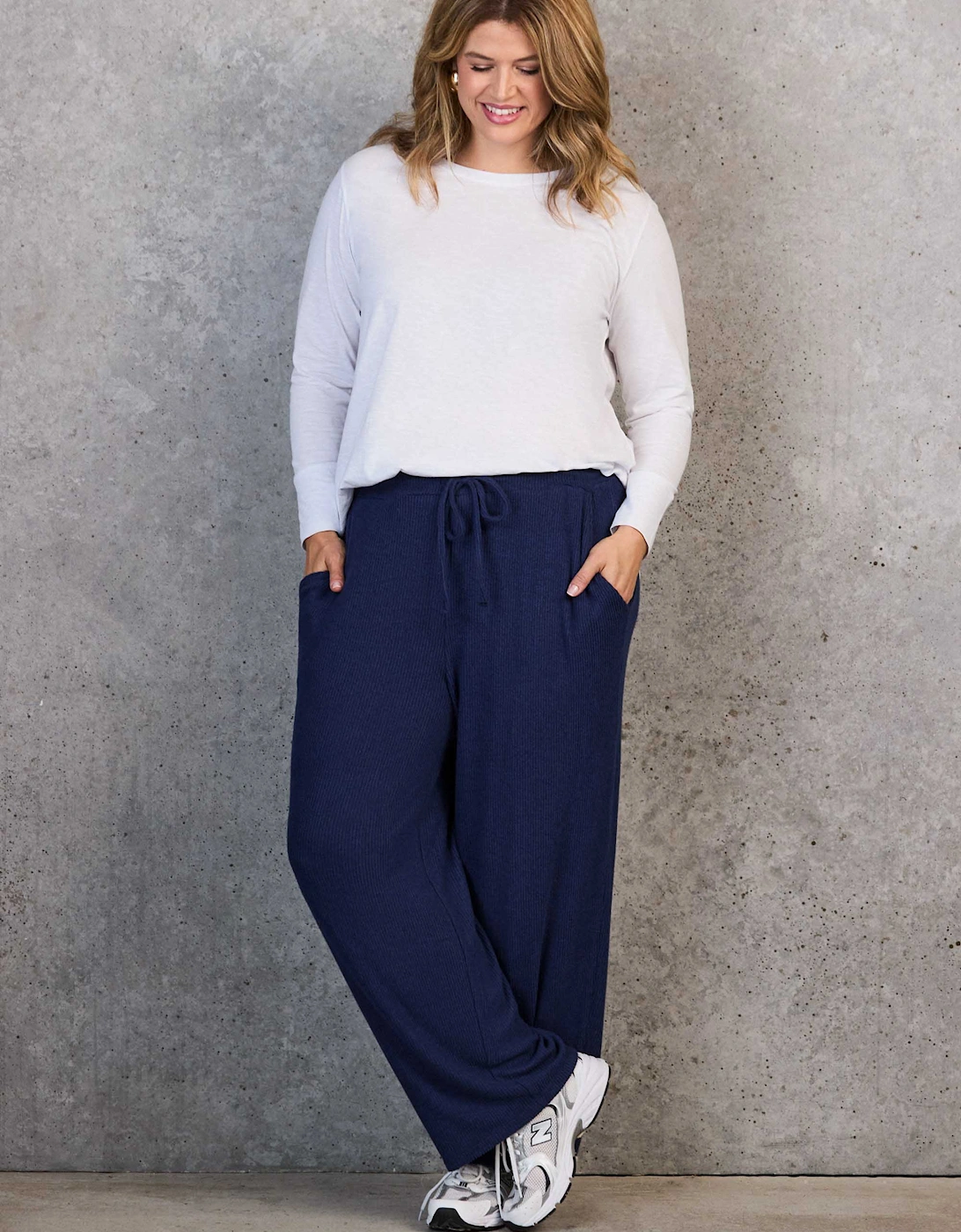 Navy Ribbed Supersoft Wide Leg Trousers