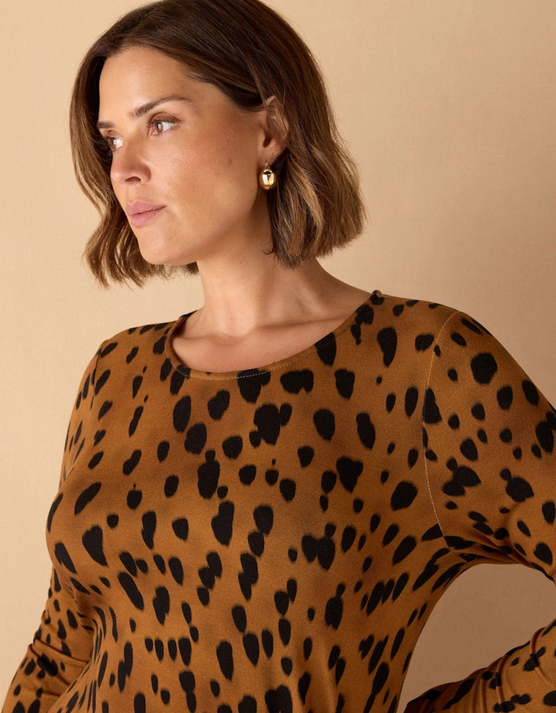 Brown Animal Print Ruched Jersey Dress