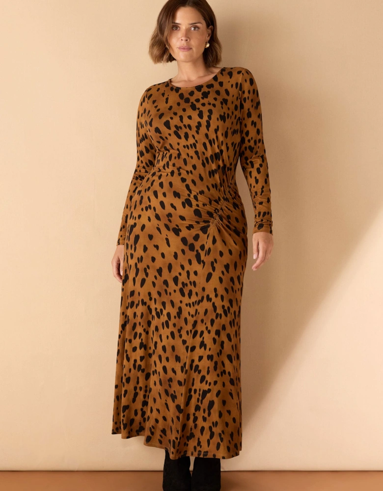 Brown Animal Print Ruched Jersey Dress