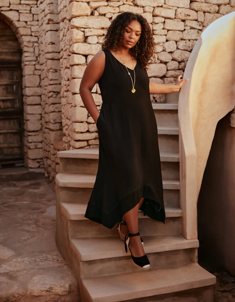 Black Ladder Trim Hanky Hem Midi Dress