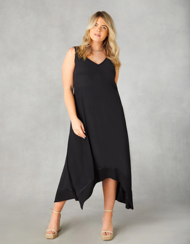 Black Ladder Trim Hanky Hem Midi Dress