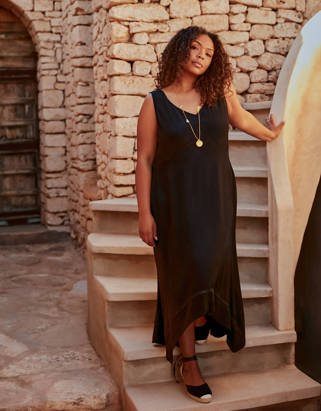 Black Ladder Trim Hanky Hem Midi Dress