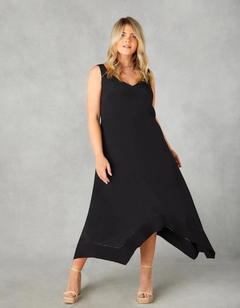 Black Ladder Trim Hanky Hem Midi Dress