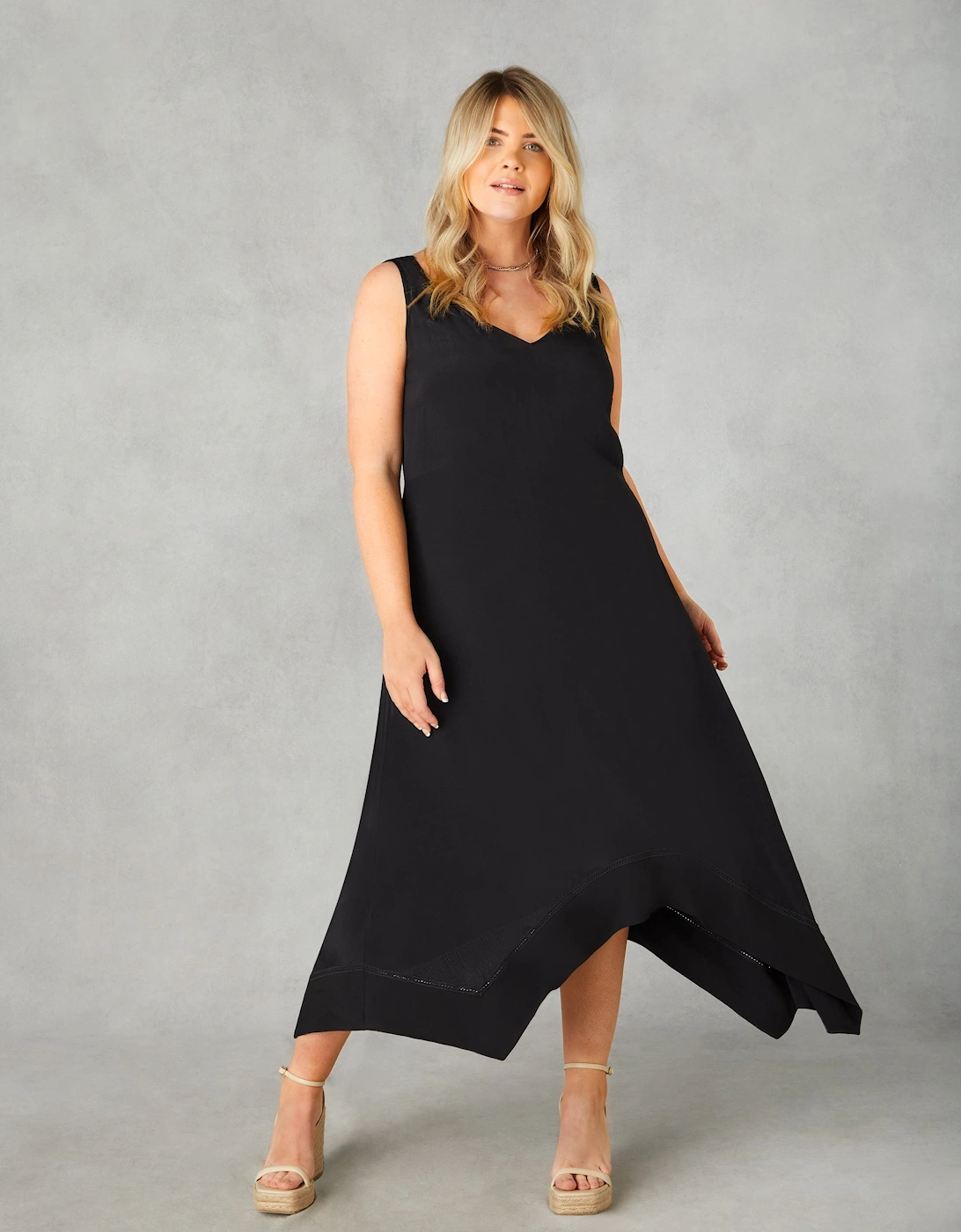Black Ladder Trim Hanky Hem Midi Dress