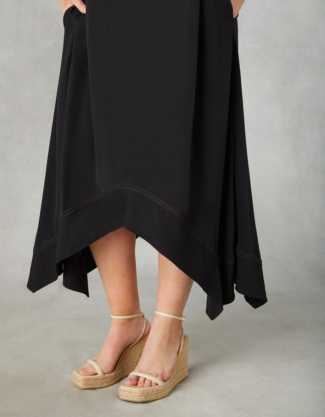 Black Ladder Trim Hanky Hem Midi Dress