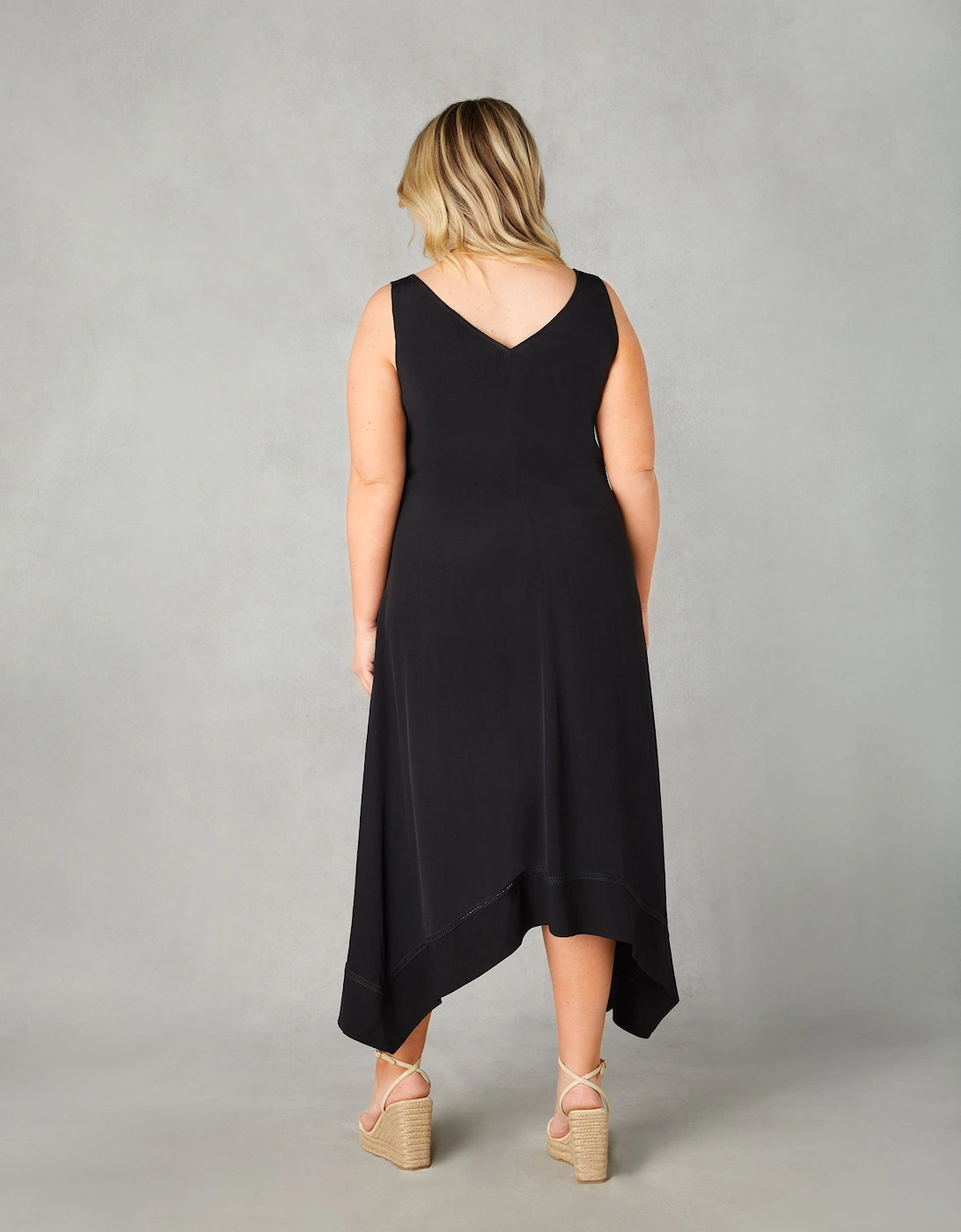 Black Ladder Trim Hanky Hem Midi Dress