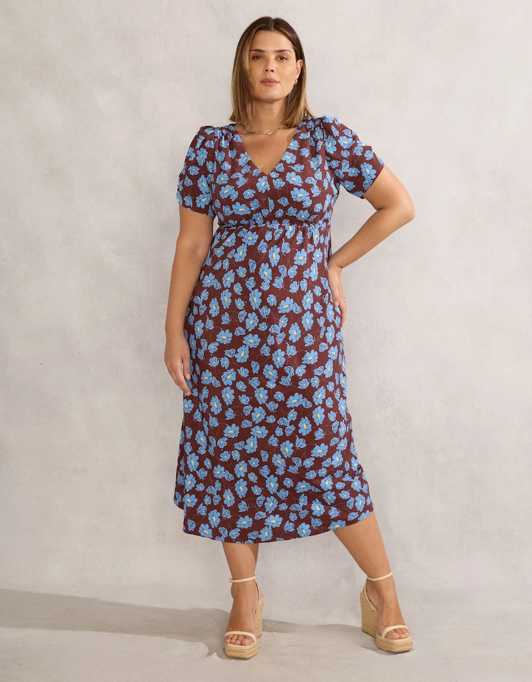 Chocolate Floral Print V Neck Shirred Dress