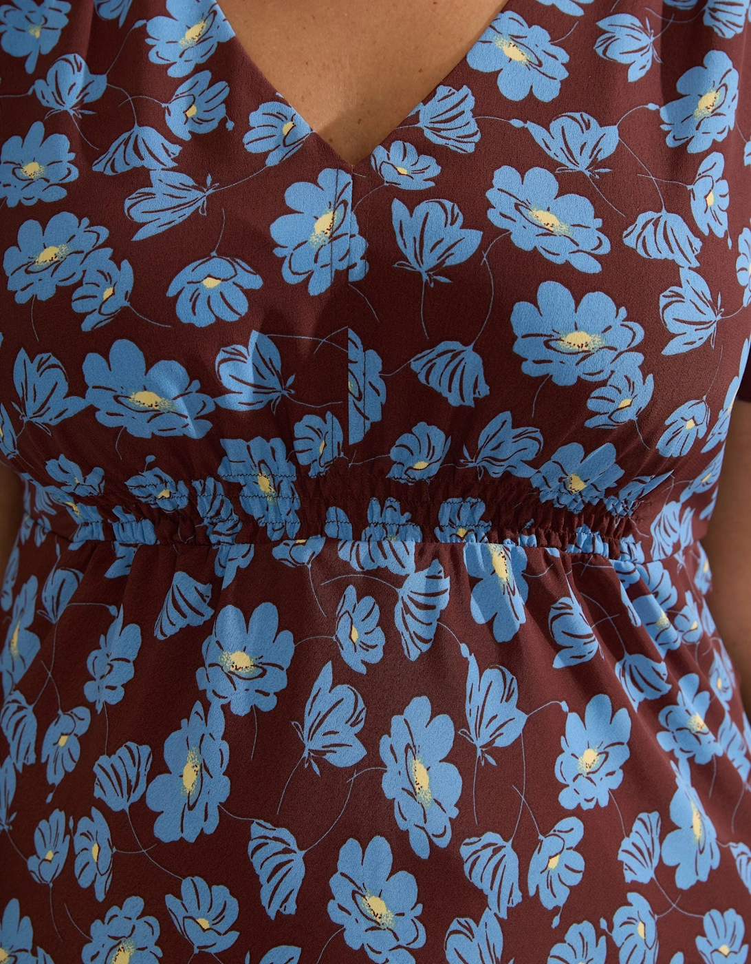 Chocolate Floral Print V Neck Shirred Dress