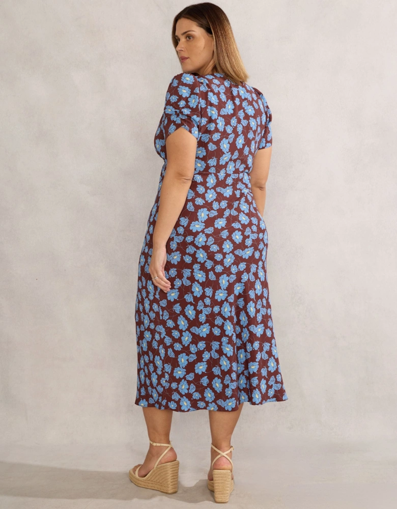Chocolate Floral Print V Neck Shirred Dress