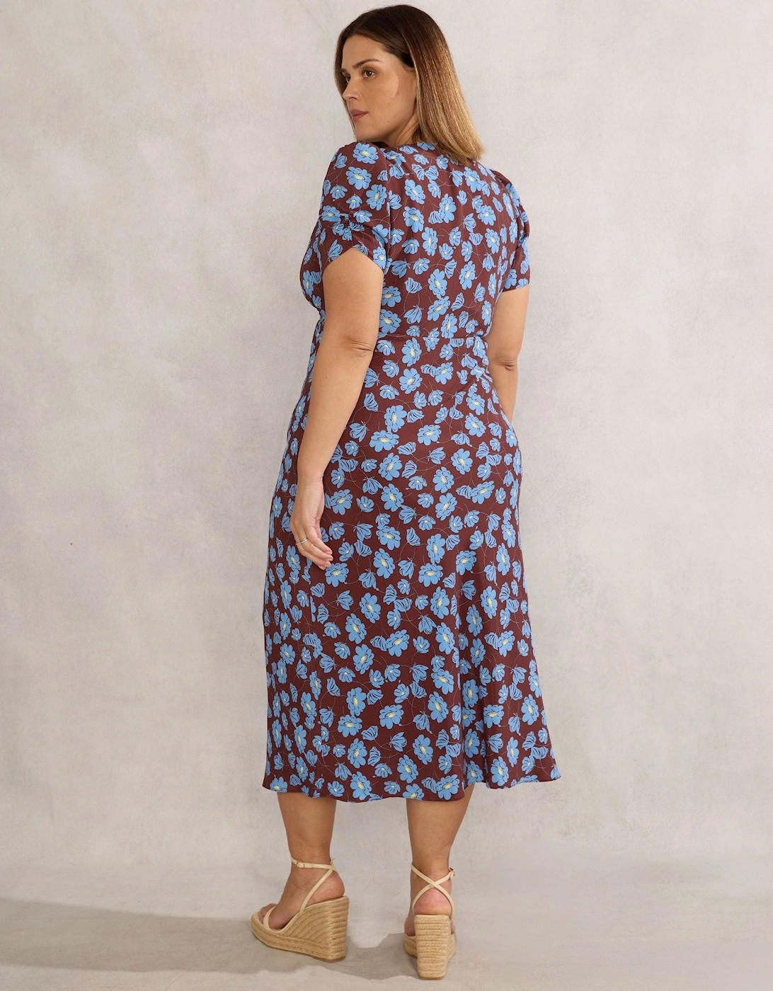 Chocolate Floral Print V Neck Shirred Dress