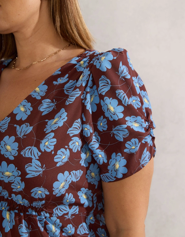 Chocolate Floral Print V Neck Shirred Dress