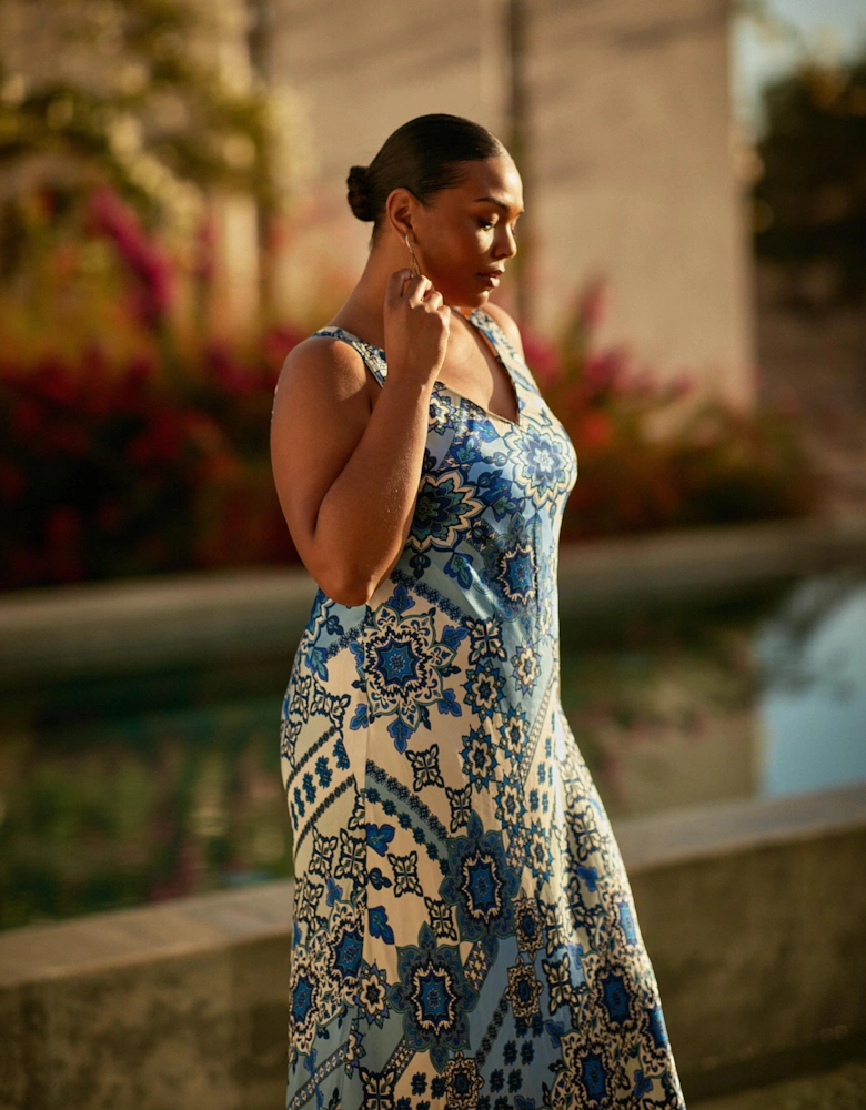 Blue Tile Print Bias Slip Dress