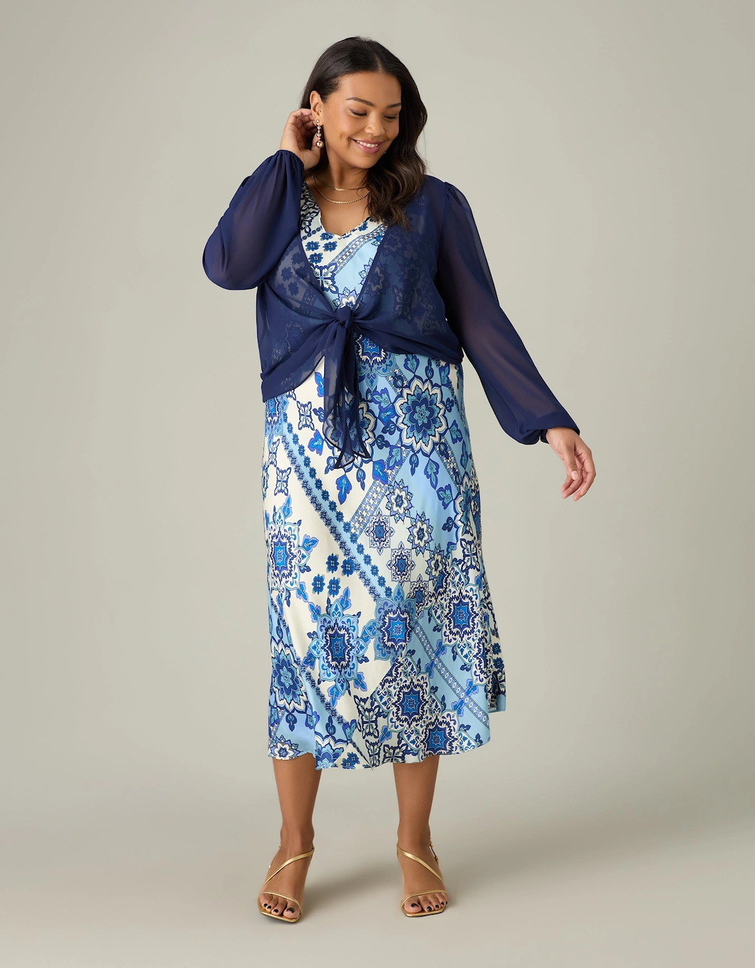 Blue Tile Print Bias Slip Dress