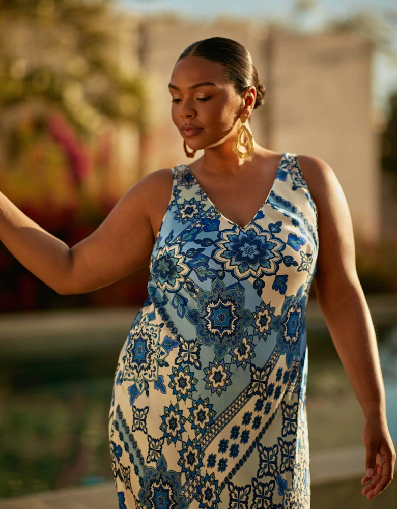 Blue Tile Print Bias Slip Dress