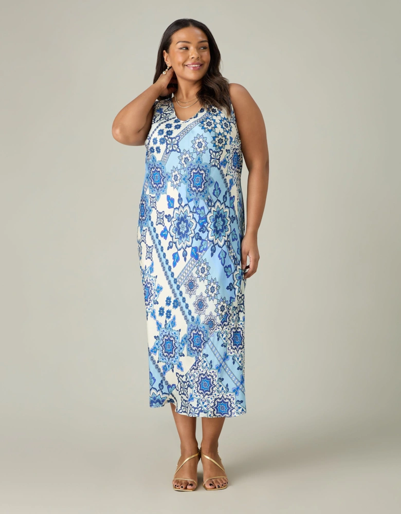 Blue Tile Print Bias Slip Dress