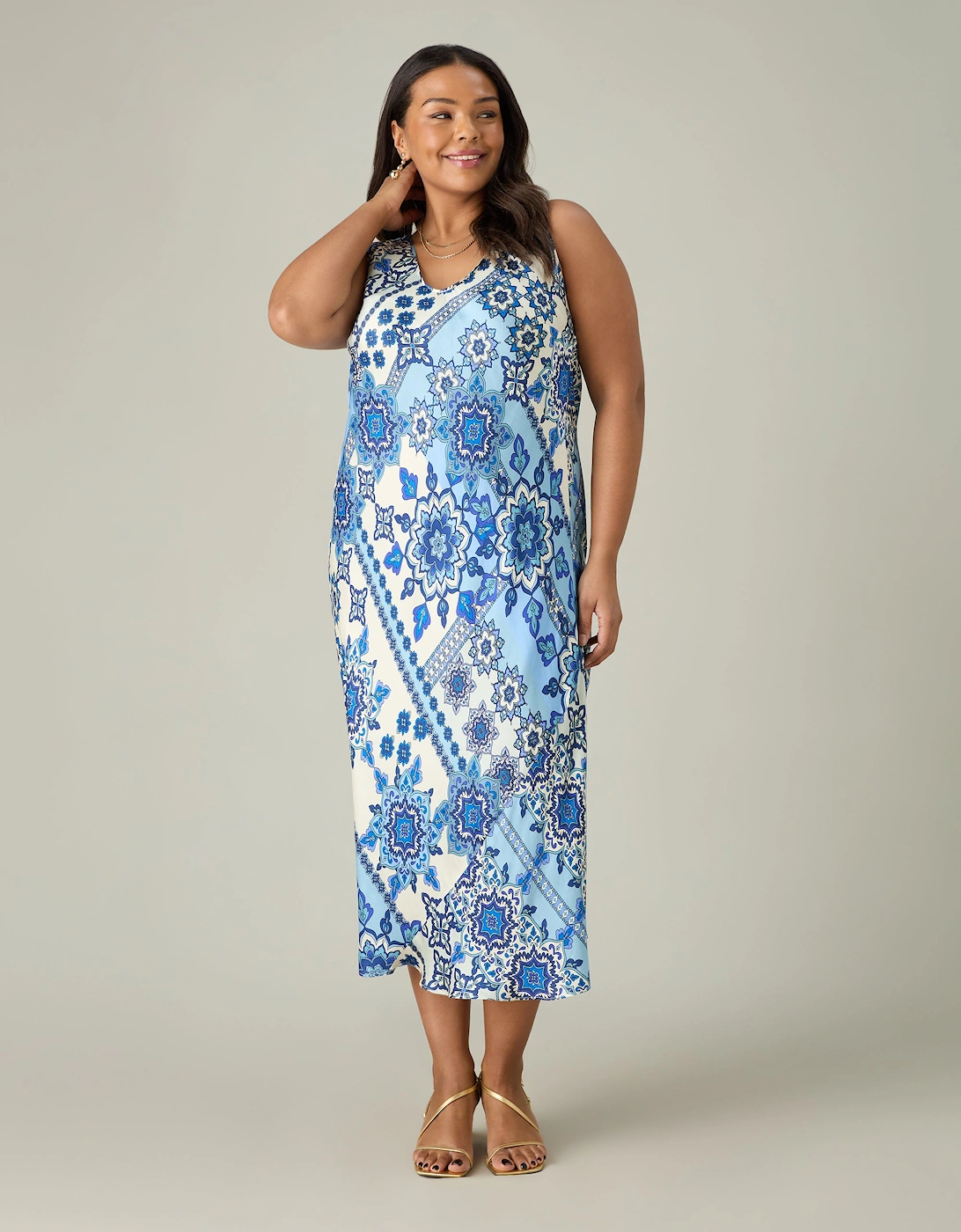 Blue Tile Print Bias Slip Dress