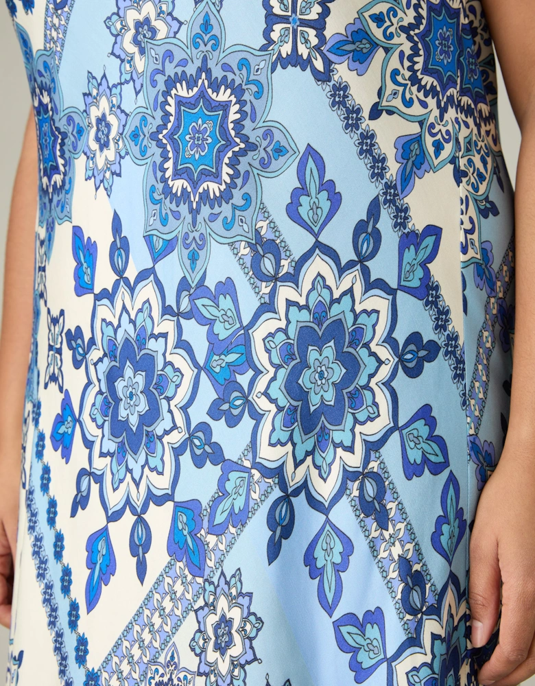 Blue Tile Print Bias Slip Dress