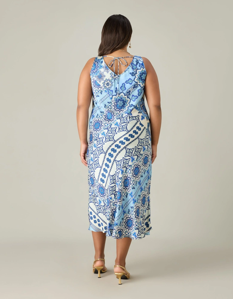 Blue Tile Print Bias Slip Dress