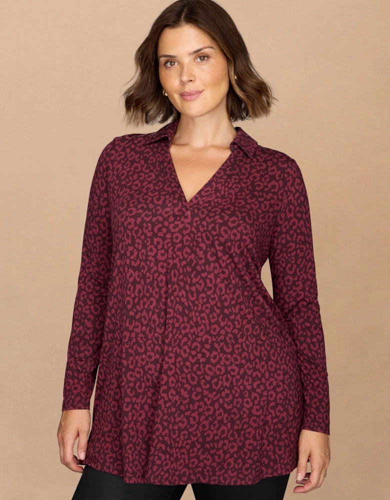 Burgundy Animal Print Jersey Polo Collar Tunic
