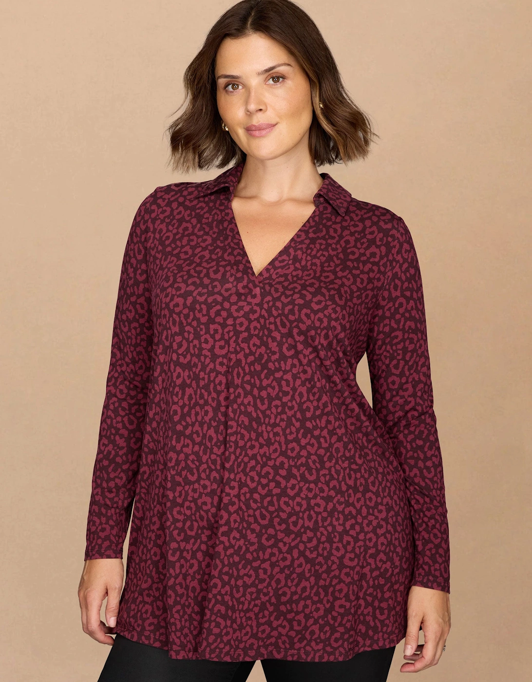 Burgundy Animal Print Jersey Polo Collar Tunic, 4 of 3
