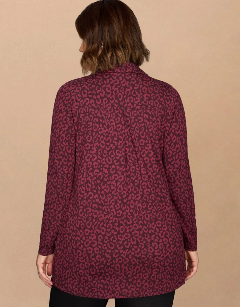 Burgundy Animal Print Jersey Polo Collar Tunic
