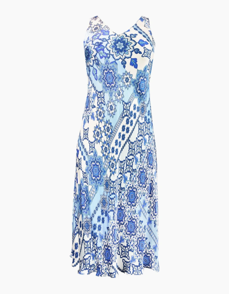 Blue Tile Print Bias Slip Dress