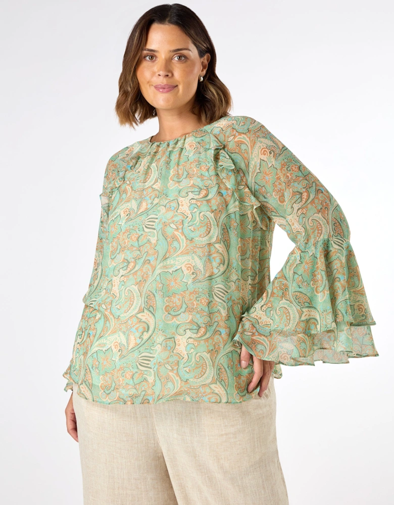 Green Multi Paisley Print Frill Blouse