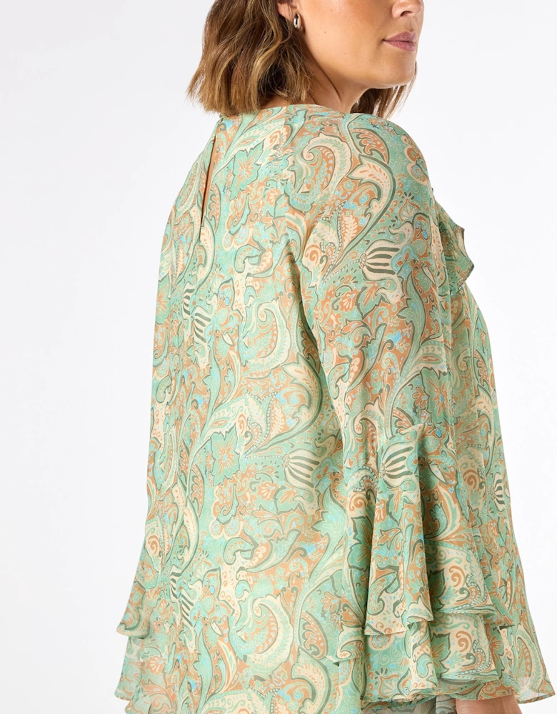 Green Multi Paisley Print Frill Blouse