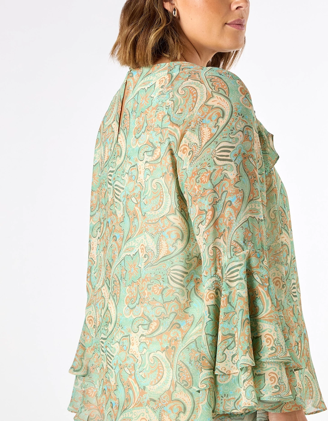 Green Multi Paisley Print Frill Blouse