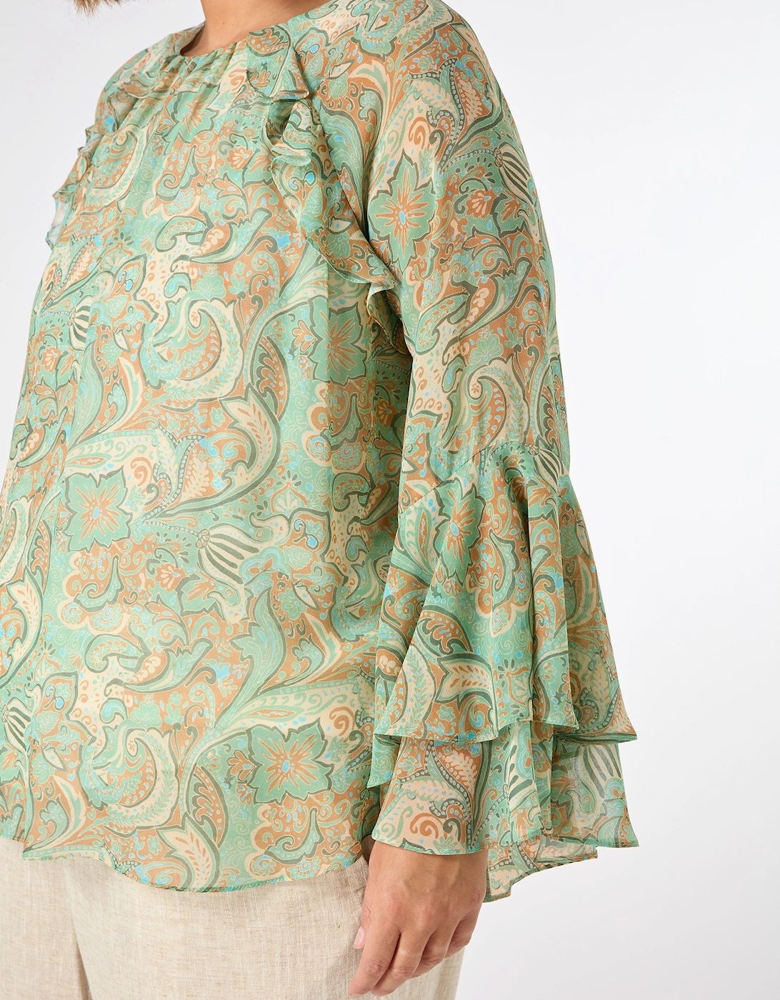 Green Multi Paisley Print Frill Blouse