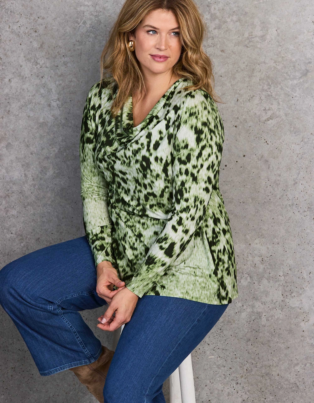 Green Abstract Print Jersey Cowl Neck Top