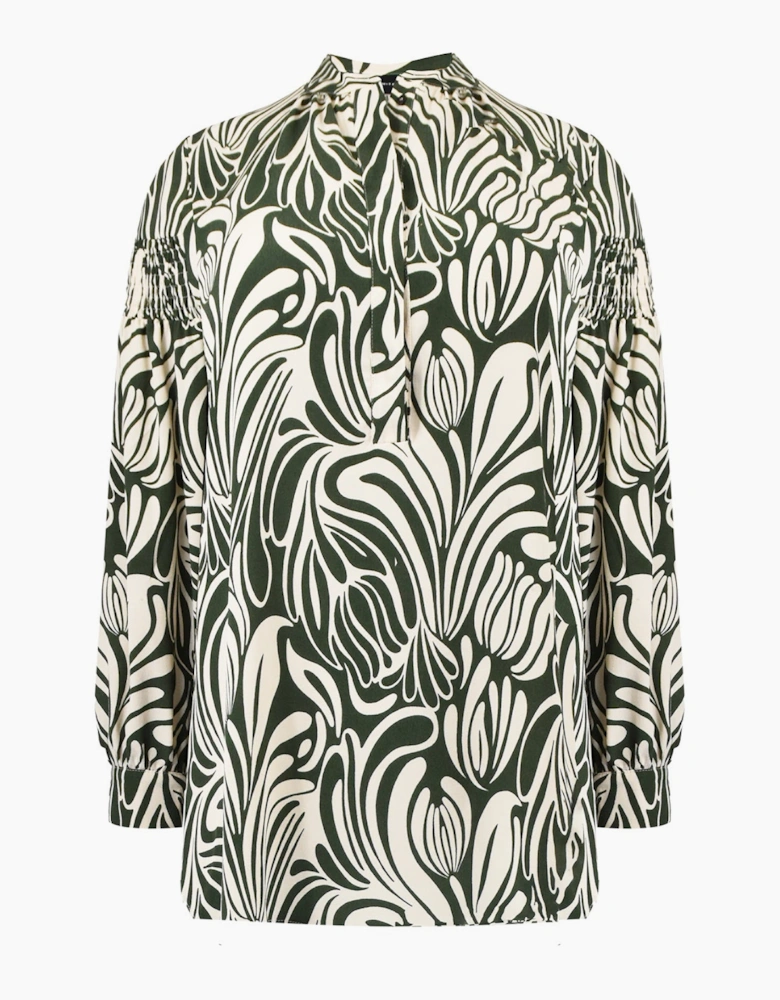 Green Abstract Print Shirred Shoulder Blouse
