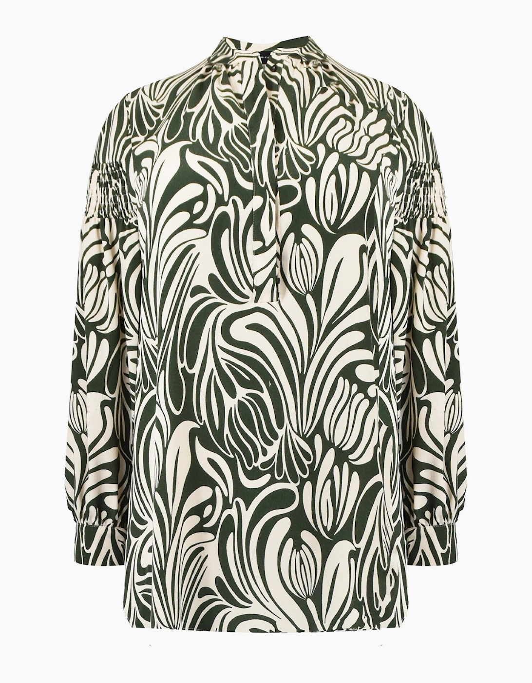 Green Abstract Print Shirred Shoulder Blouse