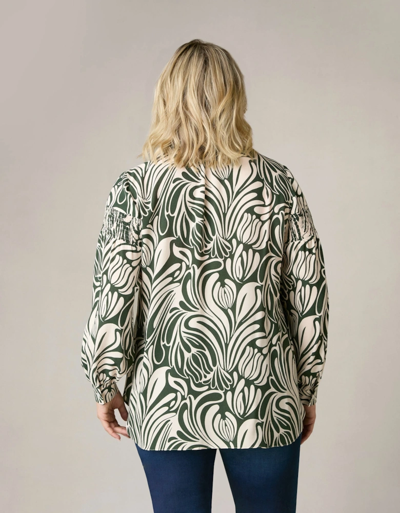 Green Abstract Print Shirred Shoulder Blouse