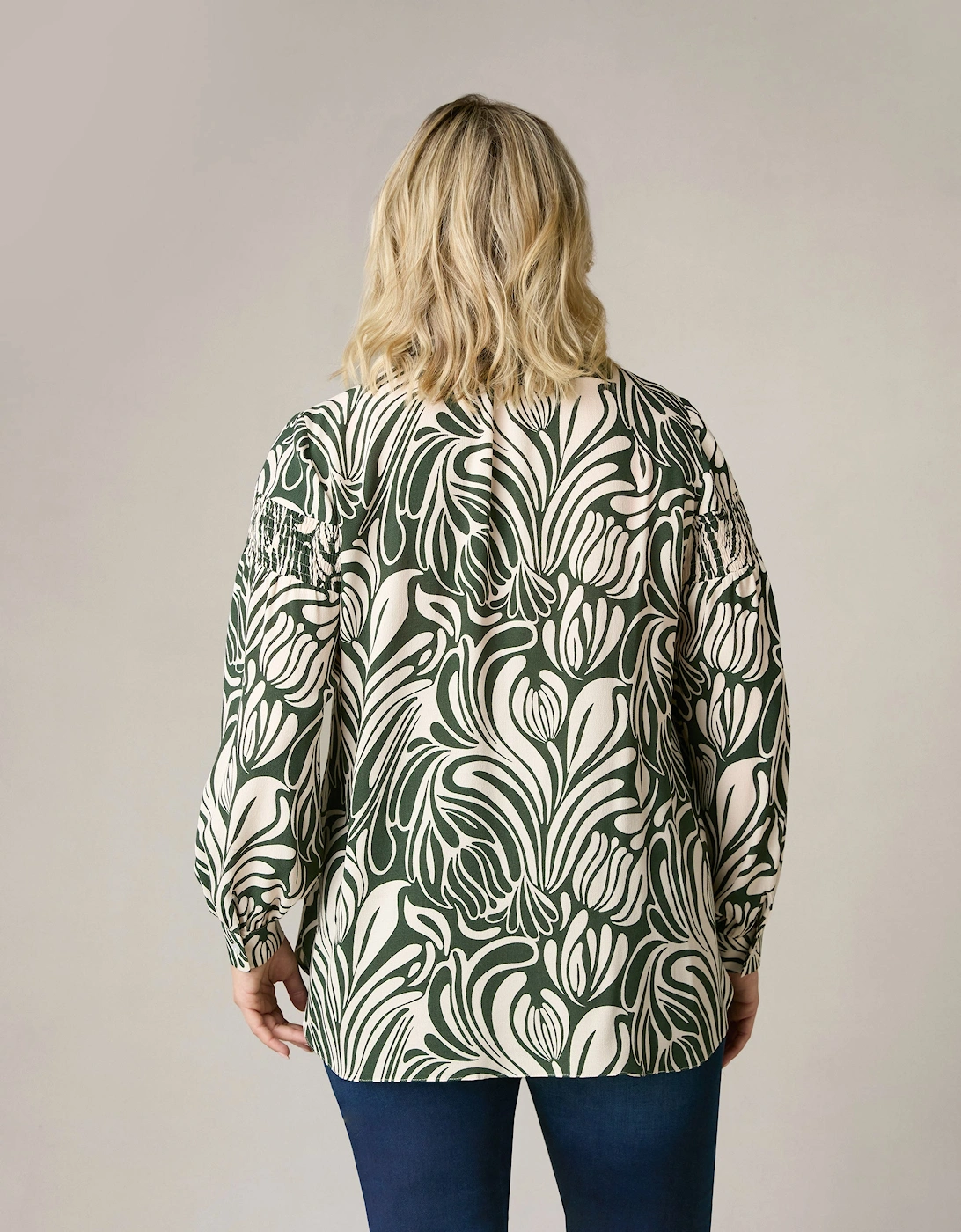 Green Abstract Print Shirred Shoulder Blouse