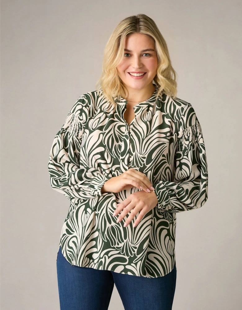 Green Abstract Print Shirred Shoulder Blouse
