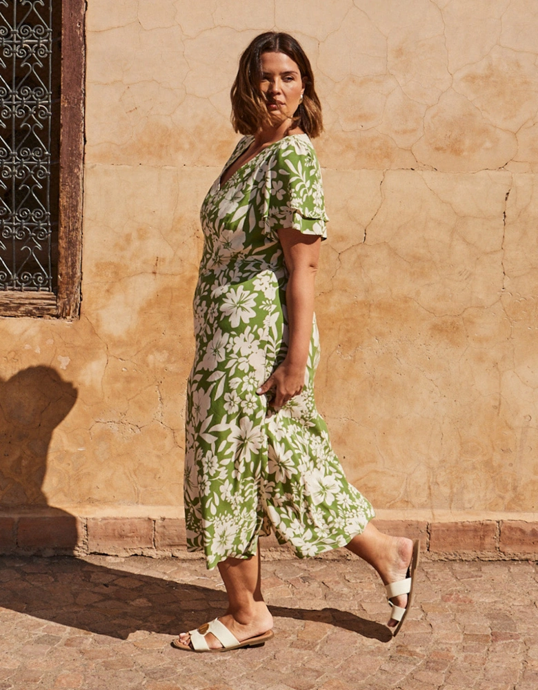 Green Floral Flutter Sleeve Dress