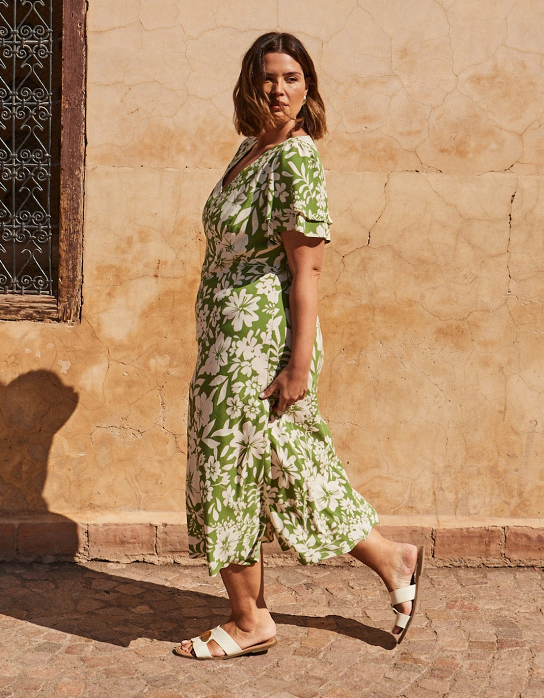 Green Floral Flutter Sleeve Dress