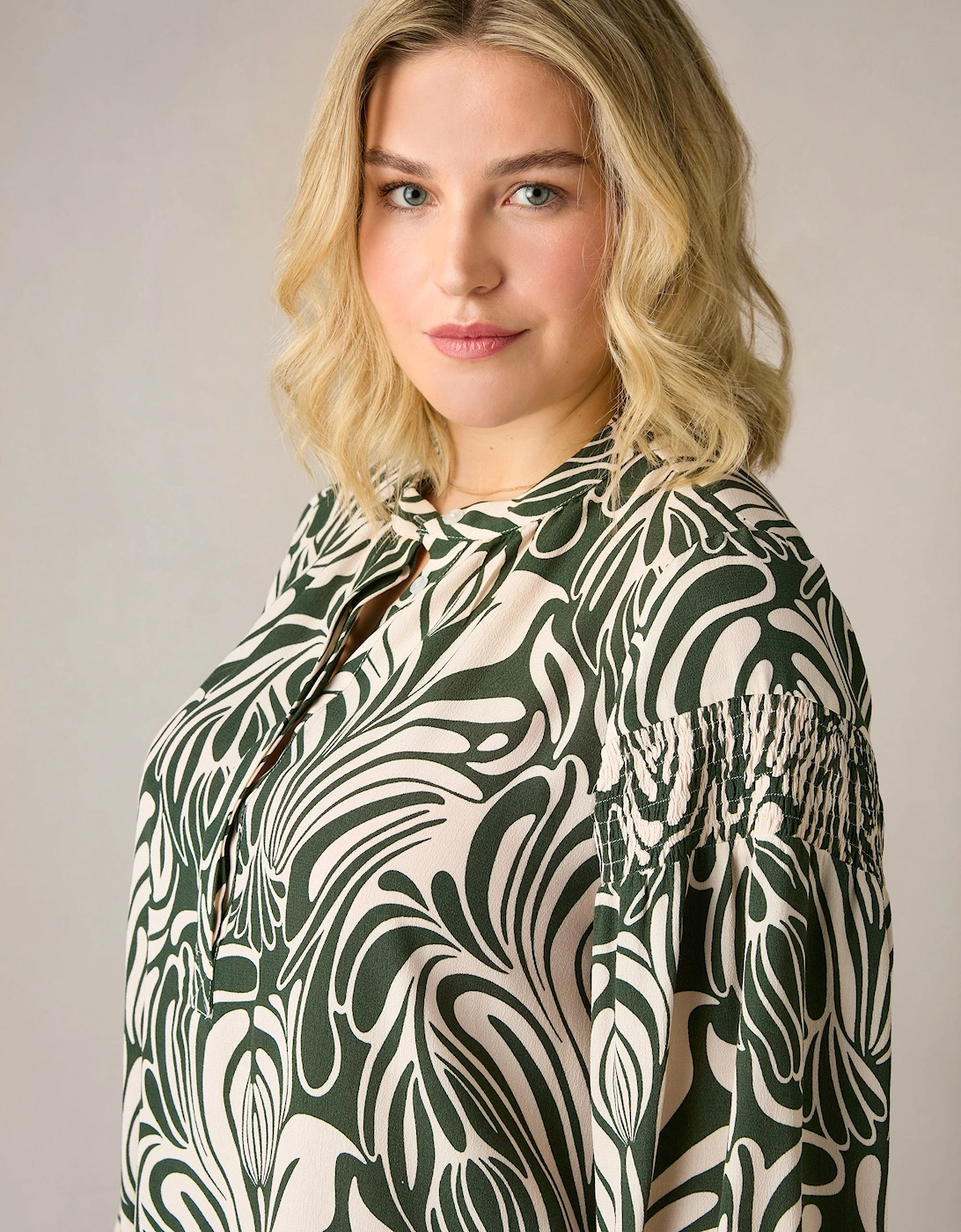 Green Abstract Print Shirred Shoulder Blouse