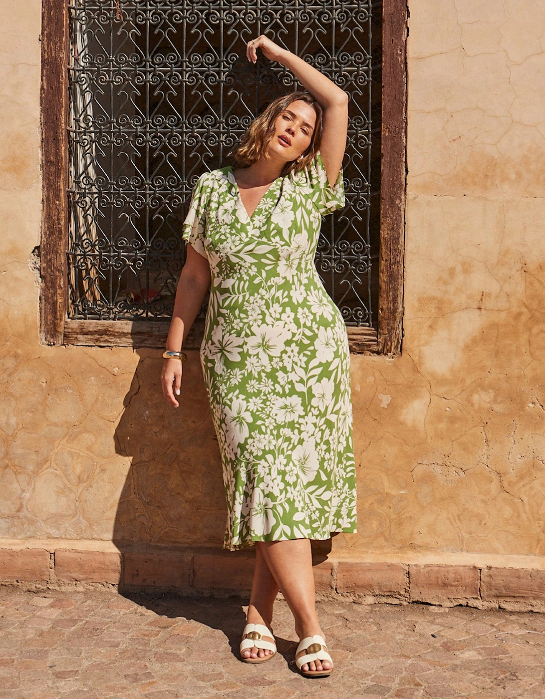 Green Floral Flutter Sleeve Dress