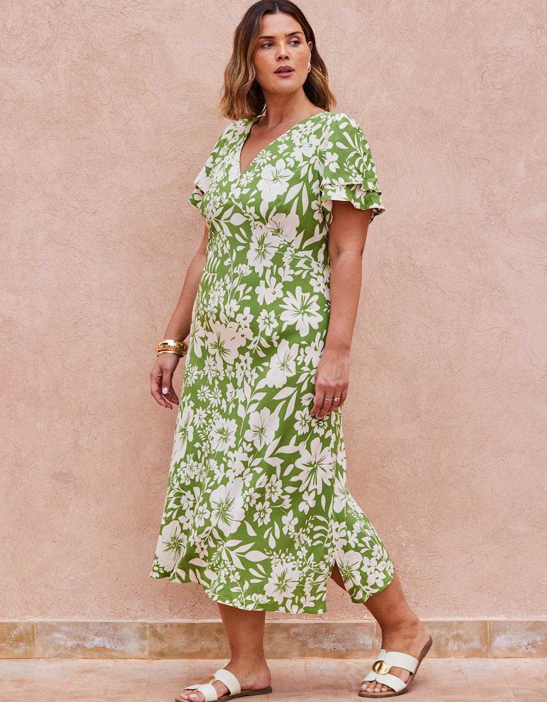 Green Floral Flutter Sleeve Dress