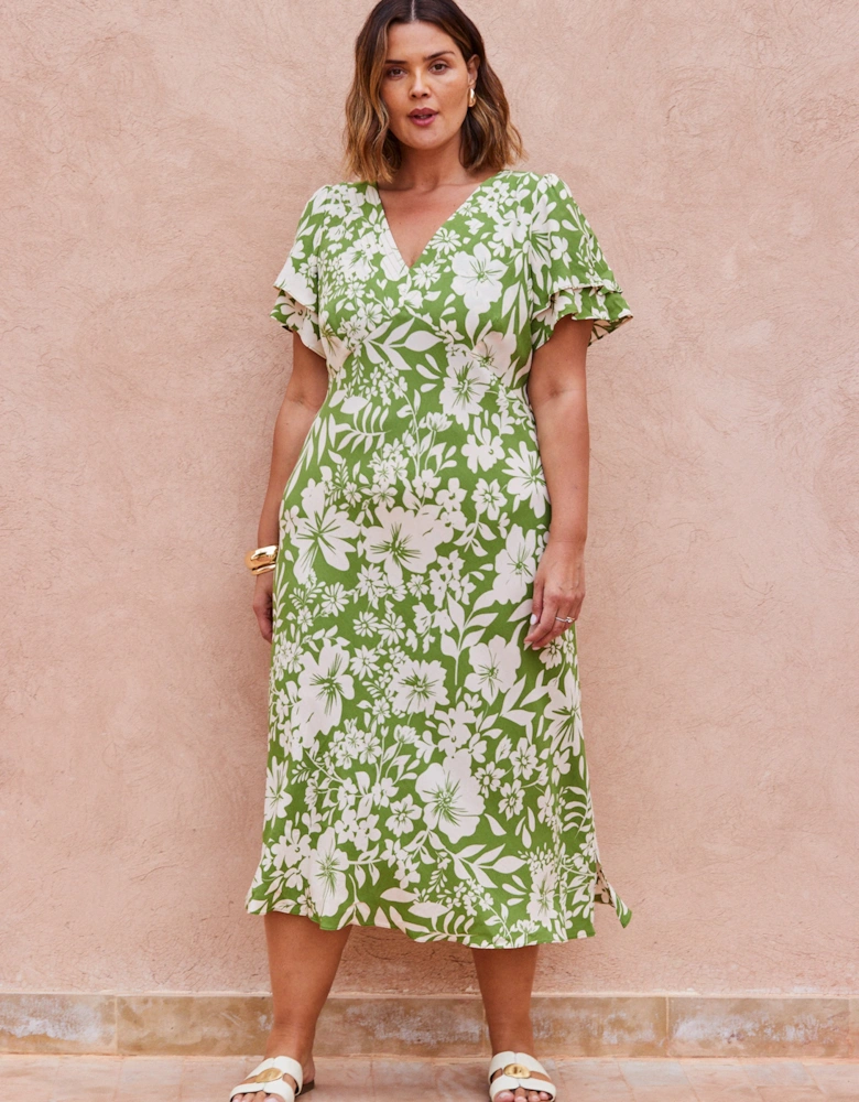 Green Floral Flutter Sleeve Dress