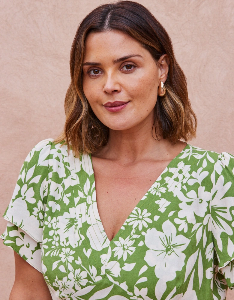 Green Floral Flutter Sleeve Dress