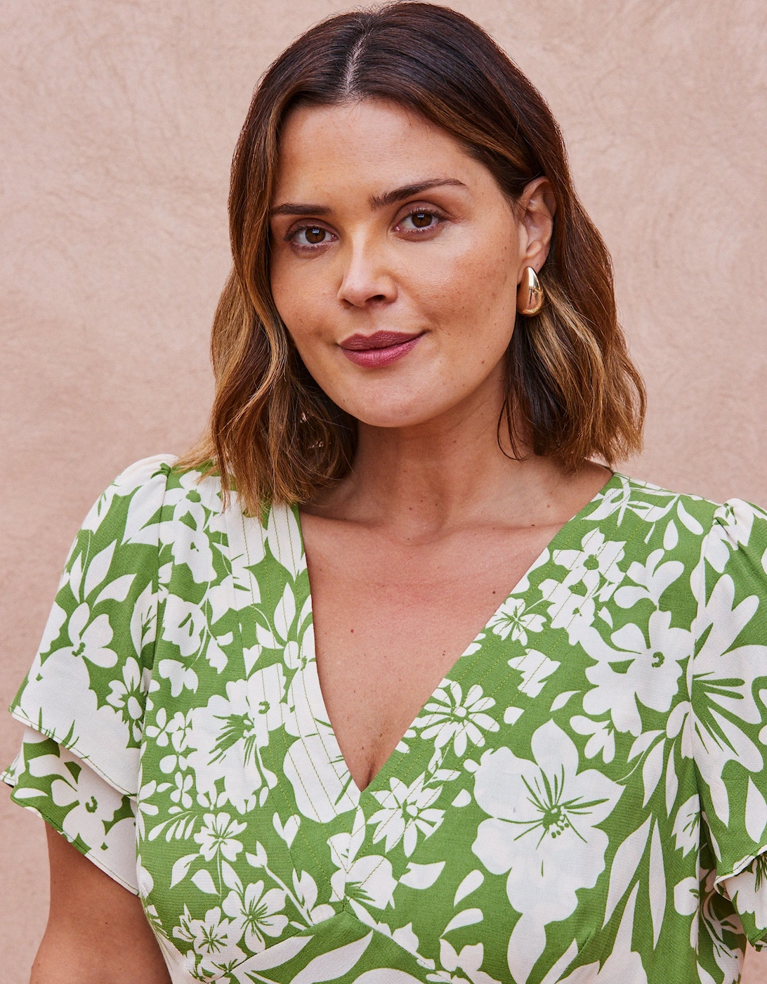 Green Floral Flutter Sleeve Dress