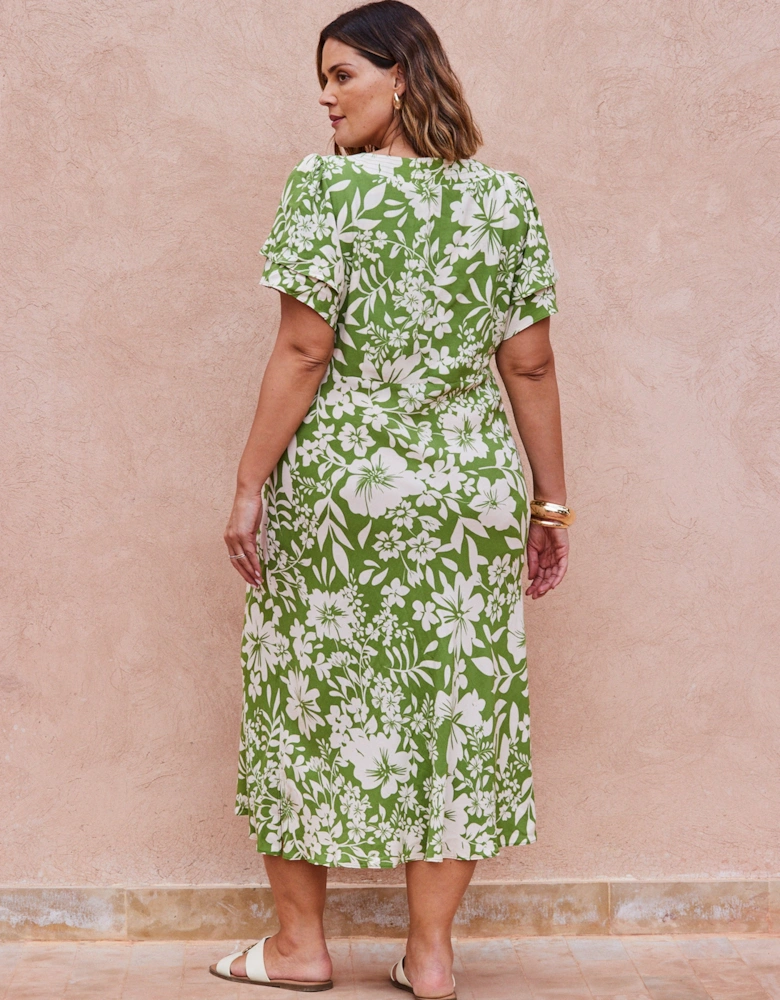Green Floral Flutter Sleeve Dress