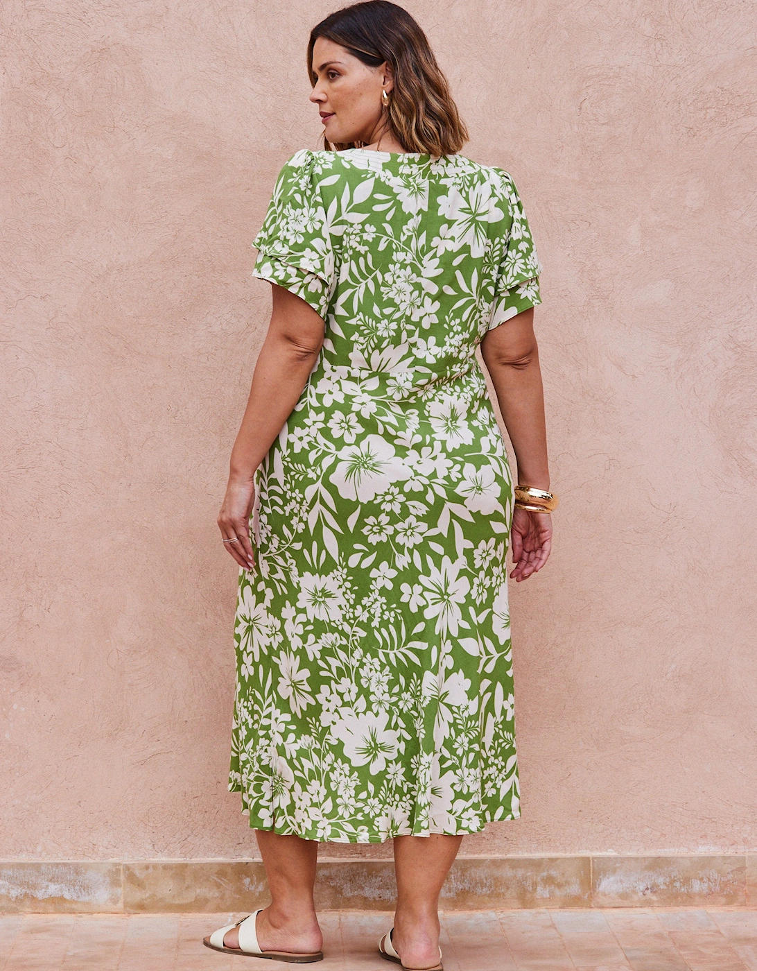 Green Floral Flutter Sleeve Dress