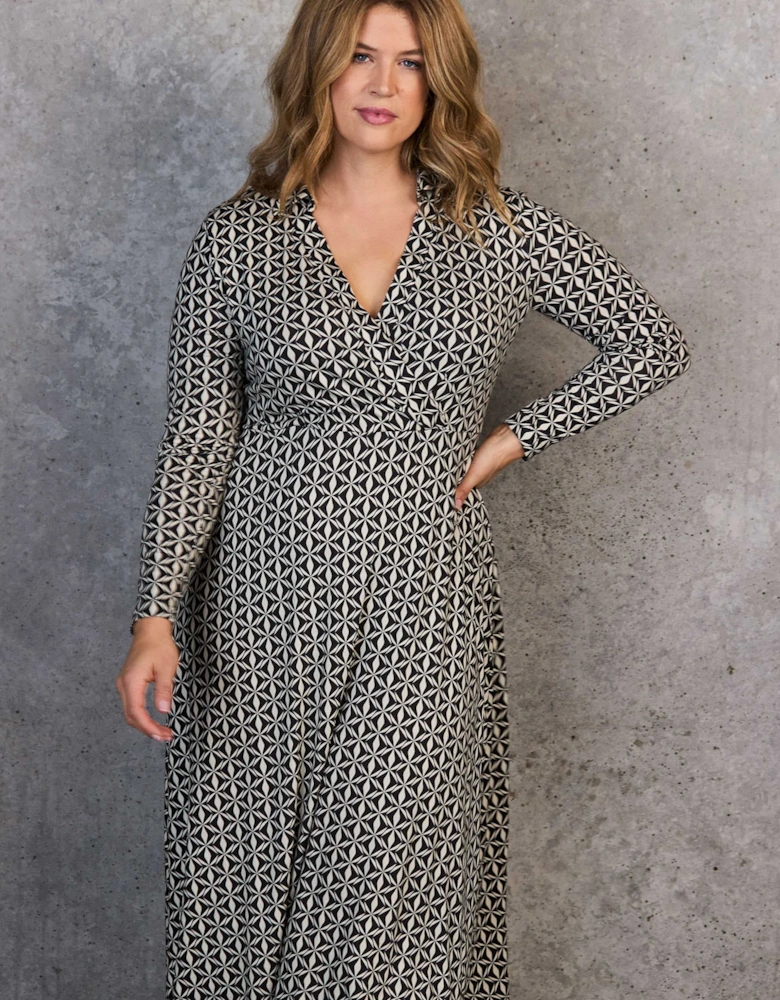 Black Geo Print Collar Wrap Jersey Dress