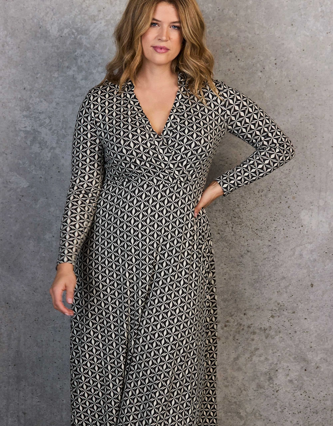 Black Geo Print Collar Wrap Jersey Dress