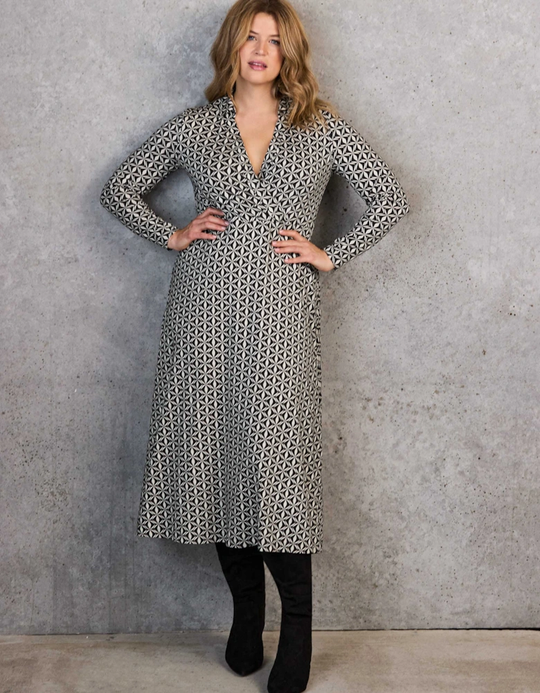 Black Geo Print Collar Wrap Jersey Dress